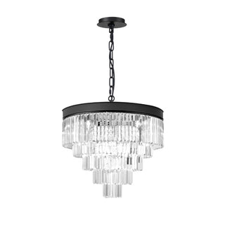 Alacio Cascata crystal pendant light with matt black frame, chain suspension and cascading clear crystal tiers.