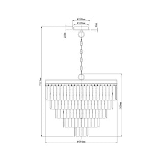 Cascata crystal pendant dimension drawing showing 584mm diameter, 509mm fitting height and 2113mm overall height.