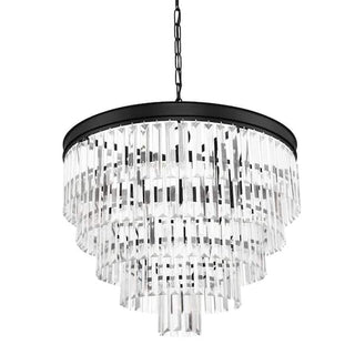 Cascata five-light pendant showing faceted clear crystal drops and matt black circular frame.