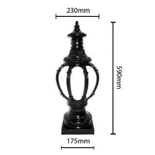 Black decorative lamp post with measurements on a white background
