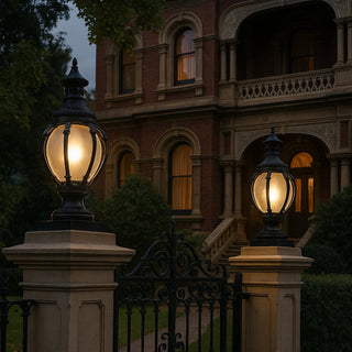 Vintage-style street lamps on a grand building at night