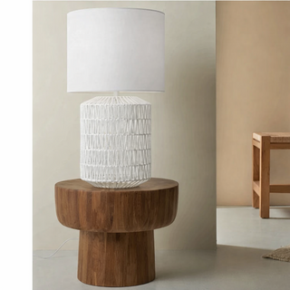 Mayfield Cora Table Lamp – lifestyle interior scene on timber stool