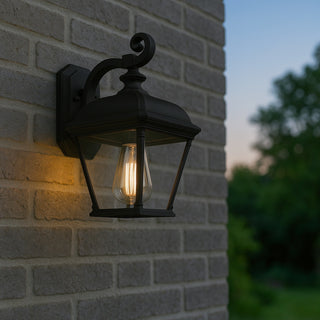 Black outdoor wall light fixture on a brick wall with blurred greenery in the background