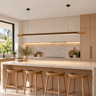 Contessa Lighting Dowel 43T  Linear LED Pendant with Tasmanian Oak Ends installed in a kitchen above the island bench