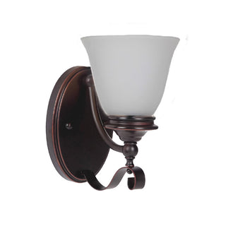 Wall-mounted light fixture with a white glass shade on a white background