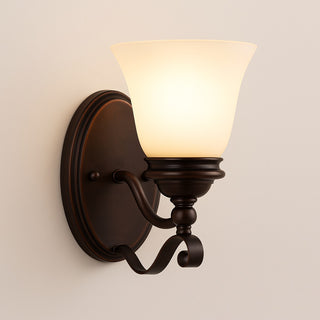 Wall-mounted lamp with glass shade on a plain background