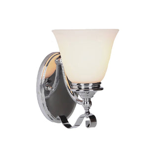 Chrome wall sconce with a white glass shade on a white background