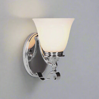 Wall-mounted light fixture with a white glass shade on a white background