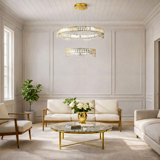Erika 2 tier pendant installed in luxury living room gold finish statement lighting