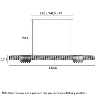 Erika linear pendant technical drawing dimensions 142cm length suspension detail
