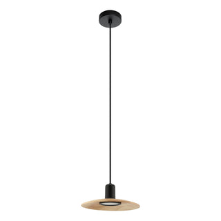 Black pendant light with wooden shade on a white background