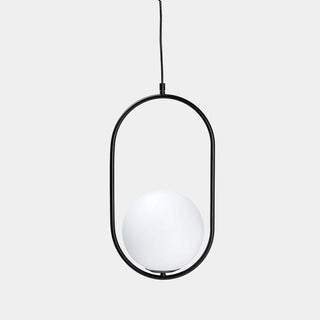 Modern pendant light with black frame and white glass shade on a light gray background