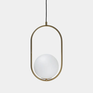 Pendant light with gold frame and white glass sphere on a white background