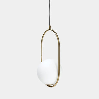 Modern pendant light with a white glass shade and gold metal frame on a white background