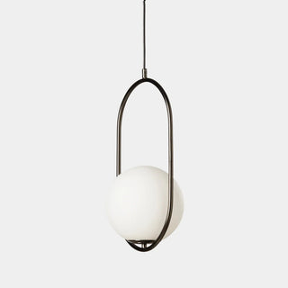 Modern pendant light with a white glass shade and black metal frame on a white background