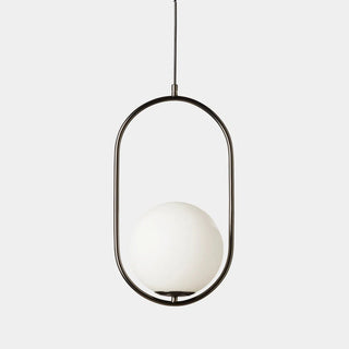 Modern pendant light with a white glass shade on a gray background