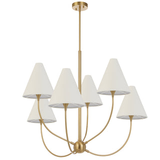 Telbix Farnix 6 pendant light in antique gold finish with six white fabric shades
