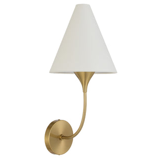 Telbix Farnix wall light in antique gold finish with white fabric shade