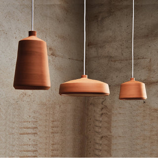 Flame Spanish handmade pendant lights, clay pendant lights By Pott from Davoluce Lighting. Terracotta pendant lights on display at Davoluce Lighting Showroom in Melbourne. Designed and made in Spain by Miguel Ángel García Belmonte.