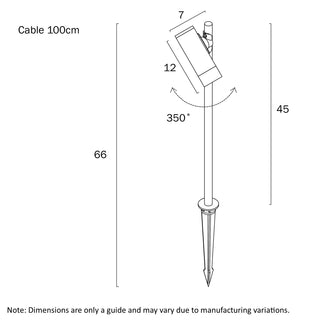 Flank 24V LED Garden Spike Light technical drawing with dimensions and 350-degree rotation