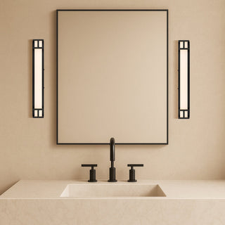 Telbix Gilson vertical bathroom wall lights beside vanity mirror