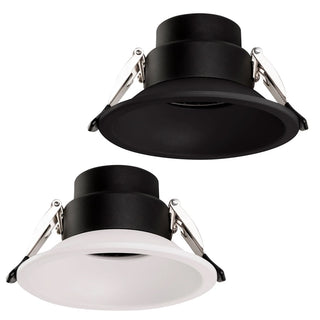 Two recessed LED downlights, one with a black frame and the other with a white frame, both with honeycomb lenses.