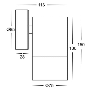 Havit Maxi Tivah fixed wall pillar light dimensions diagram showing size, projection and mounting plate