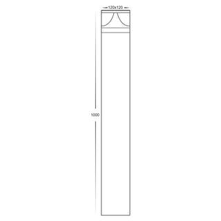 Technical drawing of a rectangular Bollard light with dimensions on a white background