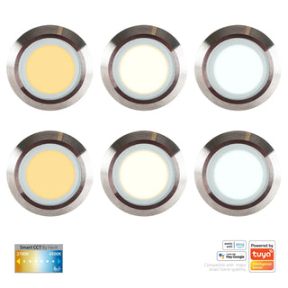 Six round LED lights with different color temperatures on a white background, featuring Tuya branding.