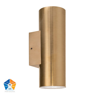 Experience the ultimate in outdoor lighting with the HV3626S-BR Aries Solid Brass Up &amp; Down LED Wall Light. Made from durable solid brass and featuring a built-in 2 x 6w LED, this sleek light provides 5 different LED colors with a 3 year warranty. Perfect for coastal areas, enhance your space with warm to daylight color options.