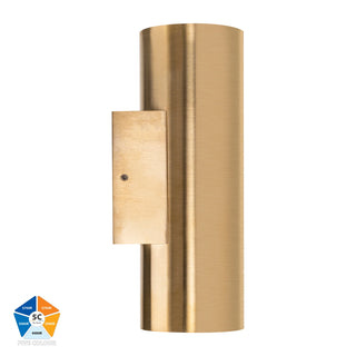 Experience the ultimate in outdoor lighting with the HV3626S-BR Aries Solid Brass Up &amp; Down LED Wall Light. Made from durable solid brass and featuring a built-in 2 x 6w LED, this sleek light provides 5 different LED colors with a 3 year warranty. Perfect for coastal areas, enhance your space with warm to daylight color options.