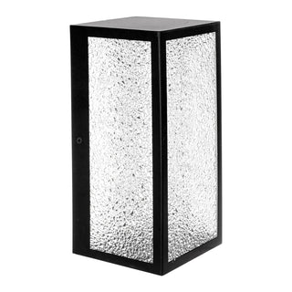 Bayside exterior wall light with black aluminium frame and crackled glass, angled view.

