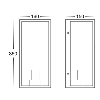 Bayside wall light dimension drawing showing 350mm height, 160mm width and 150mm projection.