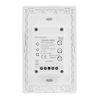 White electronic device with text and symbols on a white background