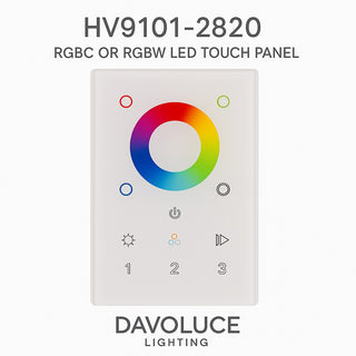 RGBC or RGBW LED touch panel with color wheel and control buttons on a white background, branded as Davoluce Lighting.