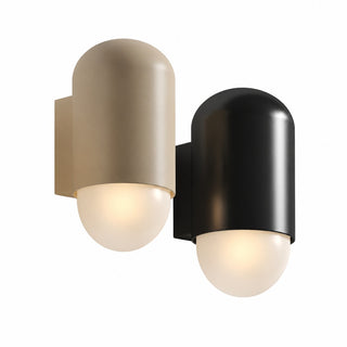 Two modern wall sconces shown side by side on a plain white background. The left sconce has a warm beige upper shade and a frosted white lower globe, while the right sconce has a matte black upper shade and a matching frosted white lower globe.