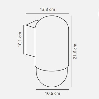 Technical dimension diagram of a wall-mounted light fixture with measurements in centimeters: 13,8 cm width at the top, 10,1 cm side depth, 21,6 cm overall height, and 10,6 cm width at the bottom, shown on a light gray background.