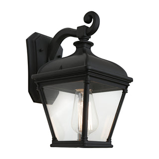 Black outdoor wall light fixture on a white background