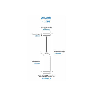 Technical drawing of a pendant light with dimensions labeled