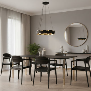 Eglo ALTAGRACIA Round black and gold LED pendant light installed above dining table