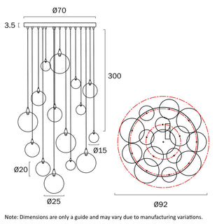 elbix Kupla 15 light cluster pendant technical drawing showing dimensions and ceiling plate layout