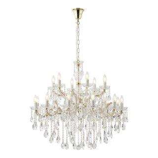 A multi-arm crystal chandelier with a gold-finished frame, hanging chain, and clear teardrop crystal drops, shown against a plain white background.