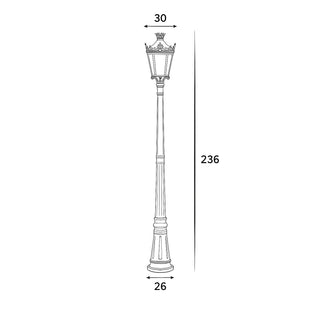 Illustration of a decorative lamp post with dimensions on a white background