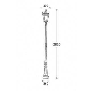 Technical drawing of a street lamp with dimensions on a white background
