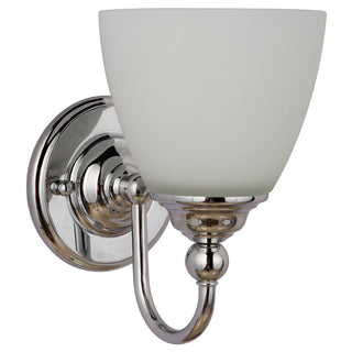 Chrome wall sconce with a white glass shade on a white background