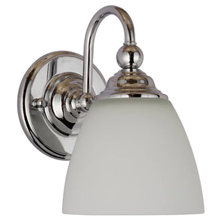 Chrome wall sconce with a white glass shade on a white background