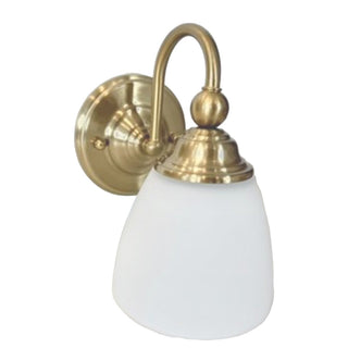 Brass wall sconce with white glass shade on a white background