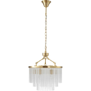 Gold chandelier with clear glass shade on a white background