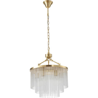 Gold chandelier with clear glass elements on a white background