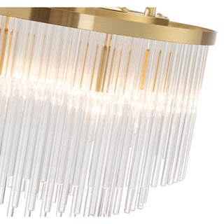 Chandelier with gold frame and clear glass rods on a white background